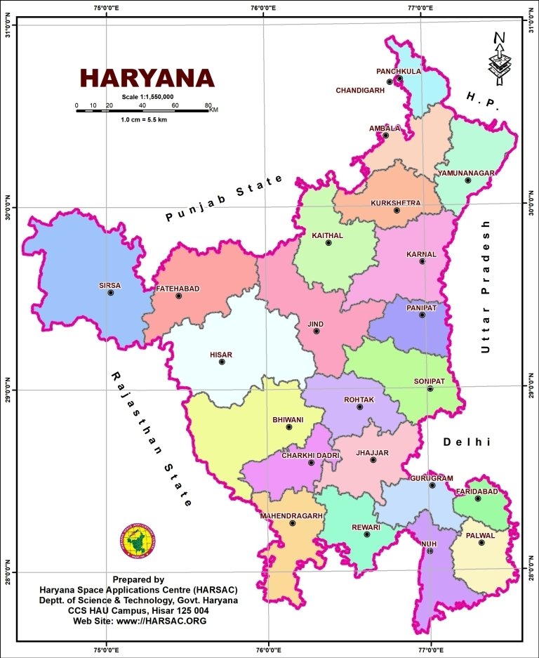 Map of Haryana - Haryana GK - Haryana Current Affairs 2024